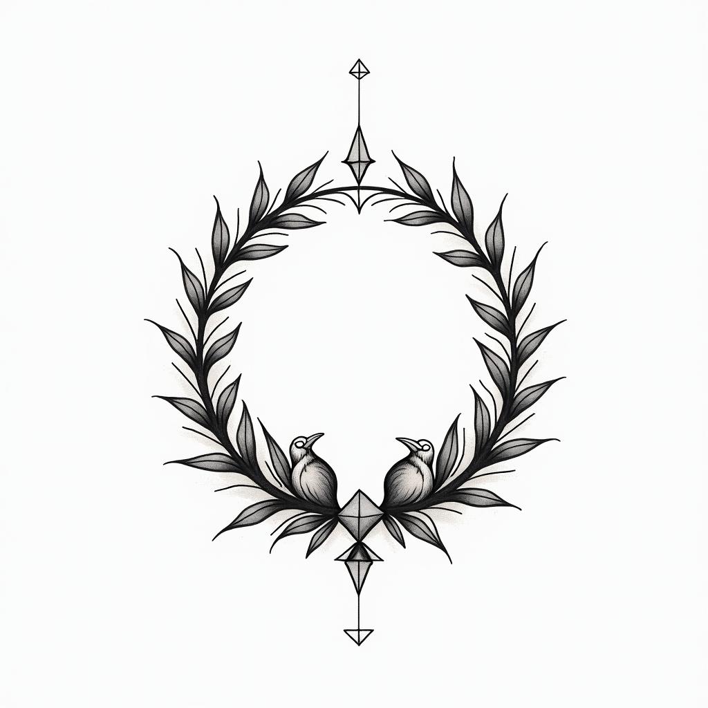 Infinity loop with the names Haley, Gabby, Kal-El & Arthur. Add flowers, 2 birds and color.in minimalist style tattoo, featuring simple shapes and fine lines, with minimal shading and details, tiny triangles, creating a sense of balance and harmony - Variation 2