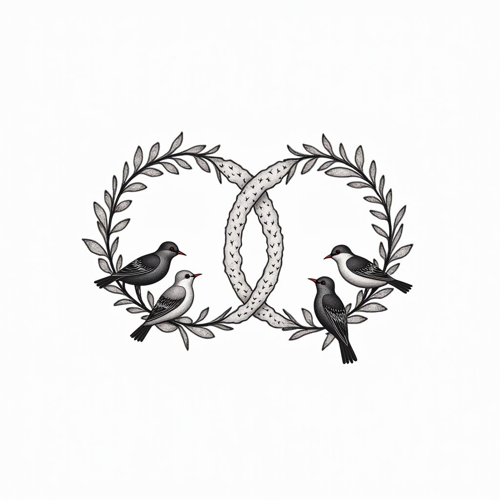 Infinity loop with the names Haley, Gabby, Kal-El & Arthur. Add flowers, 2 birds and color.in minimalist style tattoo, featuring simple shapes and fine lines, with minimal shading and details, tiny triangles, creating a sense of balance and harmony - Variation 3