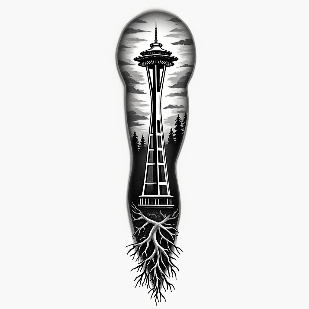 Arm Sleeve tattoo with a Pacific Northwest theme and a space needle with tree roots as the bottom. Incorporate a 999 somewhere into tattooin authentic tattoo style, incorporating traditional modifications, bold black outlines, solid color fills, featuring classic authentic elements