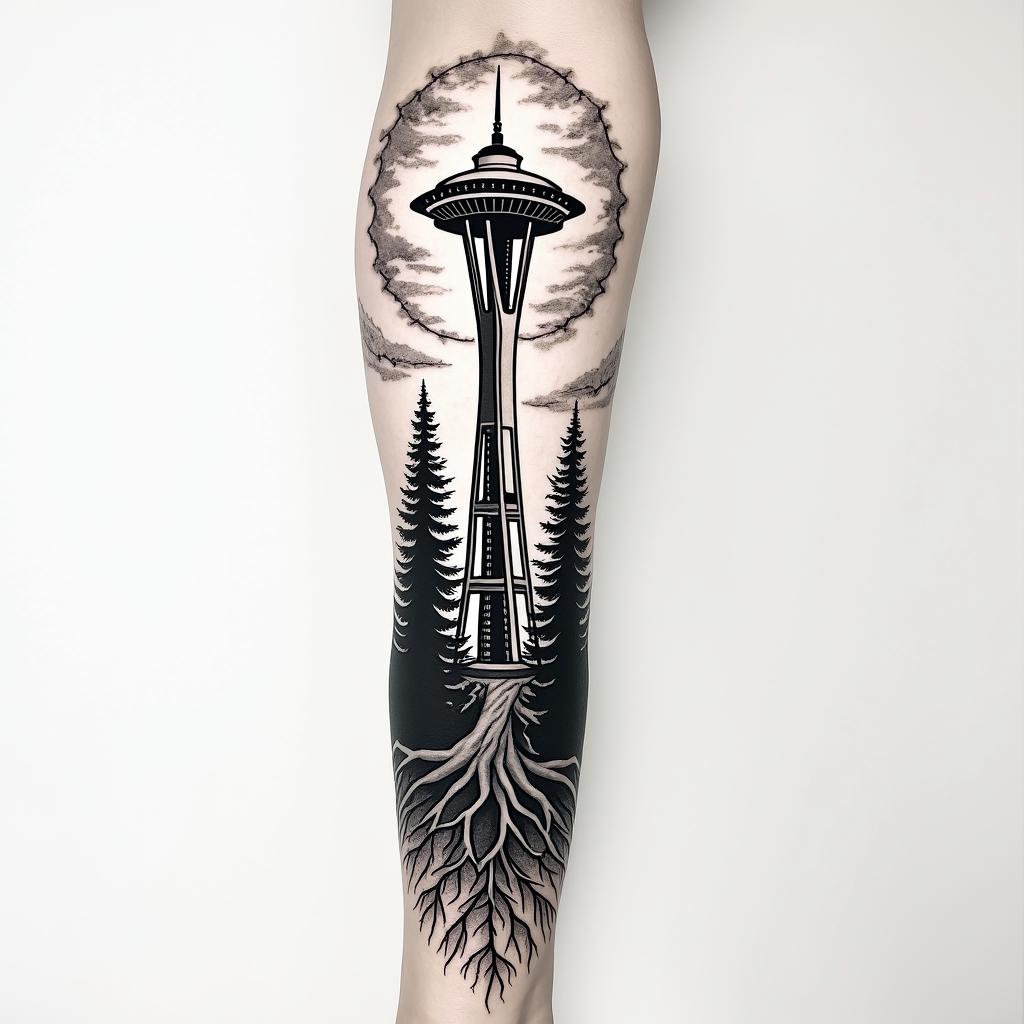 Arm Sleeve tattoo with a Pacific Northwest theme and a space needle with tree roots as the bottom. Incorporate a 999 somewhere into tattooin authentic tattoo style, incorporating traditional modifications, bold black outlines, solid color fills, featuring classic authentic elements - Variation 3