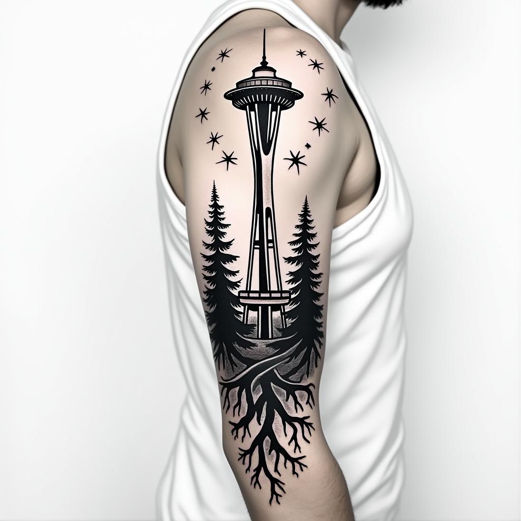 Arm Sleeve tattoo with a Pacific Northwest theme and a space needle with tree roots as the bottom. Incorporate a 999 somewhere into tattooin authentic tattoo style, incorporating traditional modifications, bold black outlines, solid color fills, featuring classic authentic elements - Variation 4