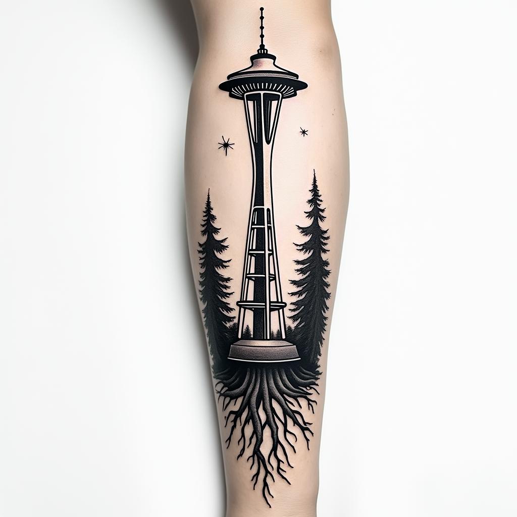Arm Sleeve tattoo with a Pacific Northwest theme and a space needle with tree roots as the bottom. Incorporate a 999 somewhere into tattooin authentic tattoo style, incorporating traditional modifications, bold black outlines, solid color fills, featuring classic authentic elements - Variation 2