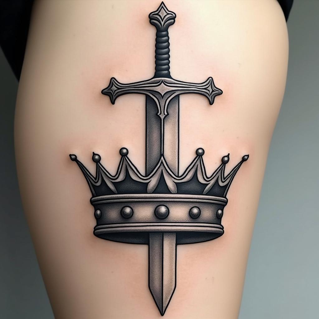 A tattoo design featuring a crown sitting lower on the body, with a sword piercing through it, symbolizing strength and royalty.undefined