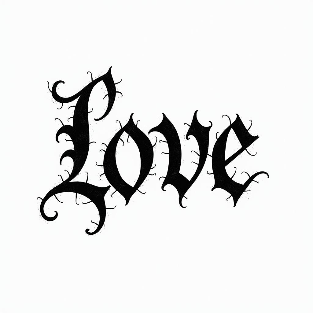 Lovetext-based tattoo, gothic font ultra-realistic, perfectly placed, high-quality font design, photo-realistic shading, 8k, high quality, finely detailed typography - Variation 3