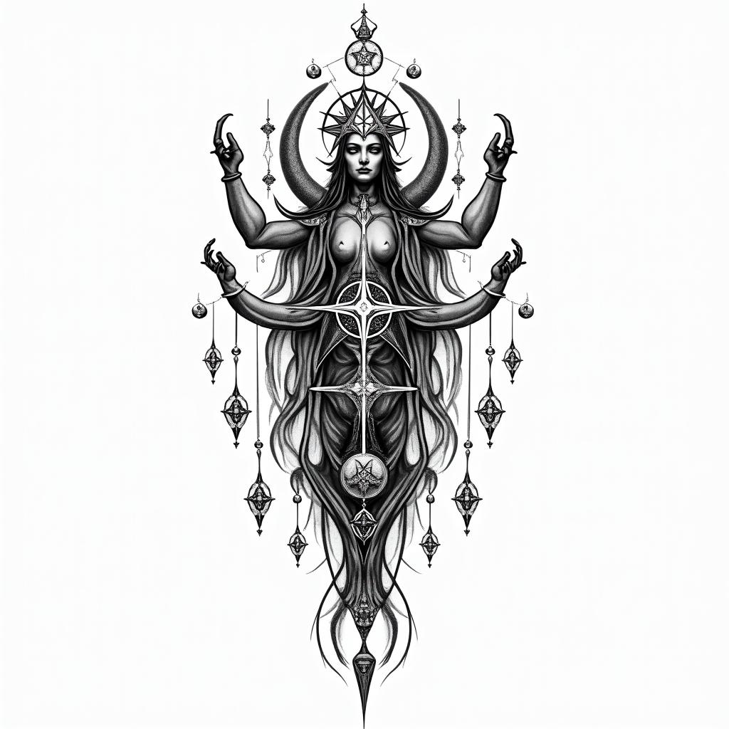 Jesus Martinez Virgoin paganic style tattoo, featuring ancient symbols, add vegvisir symbol, mystical figures, incorporating designs, pentagrams, runes, crescent moons,