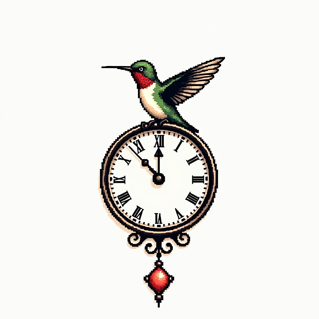 Hummingbird on top of a clock with the writing “Carpe Diem” in colour (mainly red and yellow)in 8-bit tattoo style, minimalistic pixel style tattoo, pixel art with simplified shapes and retro gaming visuals, inspired by 8-bit pixel based detailing - Variation 4