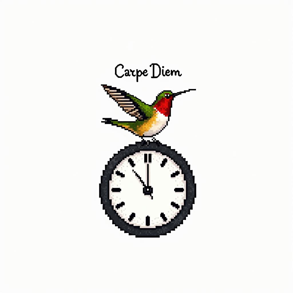 Hummingbird on top of a clock with the writing “Carpe Diem” in colour (mainly red and yellow)in 8-bit tattoo style, minimalistic pixel style tattoo, pixel art with simplified shapes and retro gaming visuals, inspired by 8-bit pixel based detailing