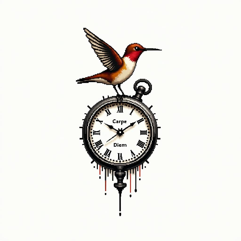 Hummingbird on top of a clock with the writing “Carpe Diem” in colour (mainly red and yellow)in 8-bit tattoo style, minimalistic pixel style tattoo, pixel art with simplified shapes and retro gaming visuals, inspired by 8-bit pixel based detailing - Variation 3