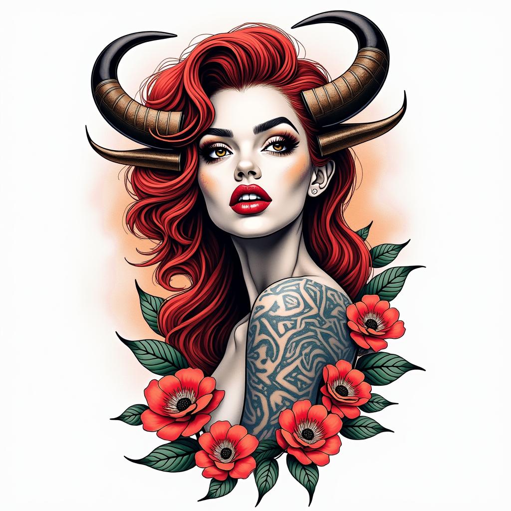 Ivette, Taurus, Modesto, C
olorfulin pop art style tattoo, featuring bold and vibrant colors, exaggerated outlines, iconic imagery, inspired by comic books and speech bubbles, comic book characters, retro pop culture - Variation 3