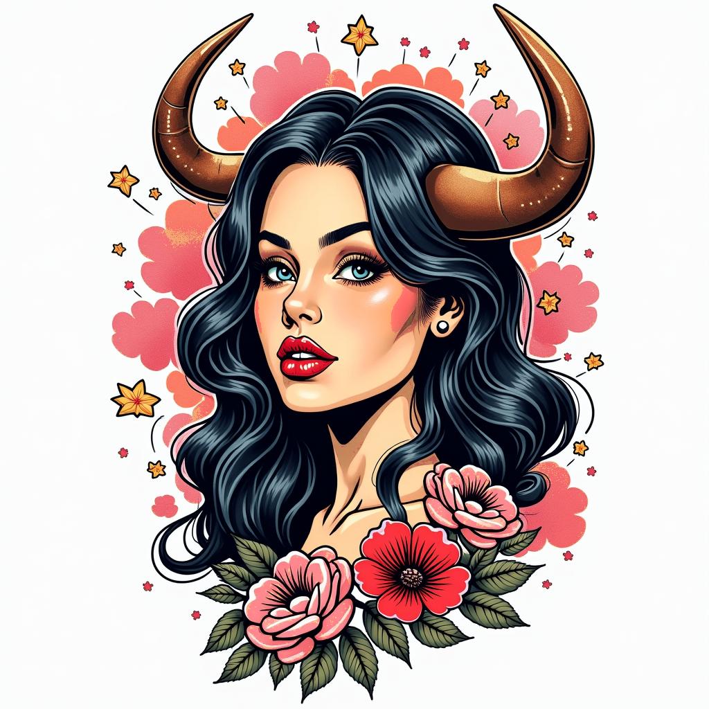 Ivette, Taurus, Modesto, C
olorfulin pop art style tattoo, featuring bold and vibrant colors, exaggerated outlines, iconic imagery, inspired by comic books and speech bubbles, comic book characters, retro pop culture - Variation 4