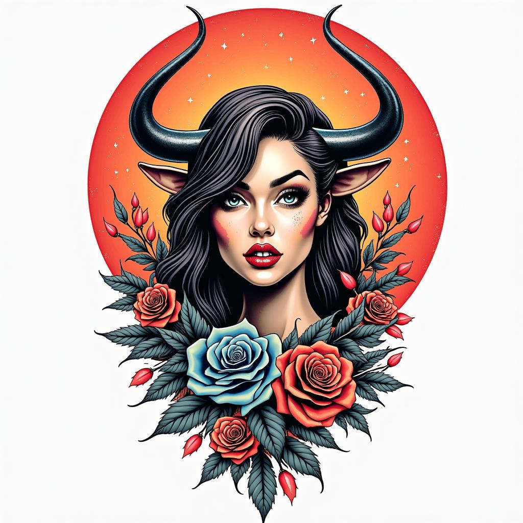 Ivette, Taurus, Modesto, C
olorfulin pop art style tattoo, featuring bold and vibrant colors, exaggerated outlines, iconic imagery, inspired by comic books and speech bubbles, comic book characters, retro pop culture