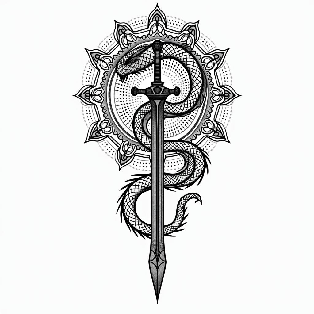 Majestic dragon coiled around a swordin dotwork style tattoo, complex mandala patterns, interlocking geometric shapes with sharp symmetry, clean lines, sharp angles - Variation 3