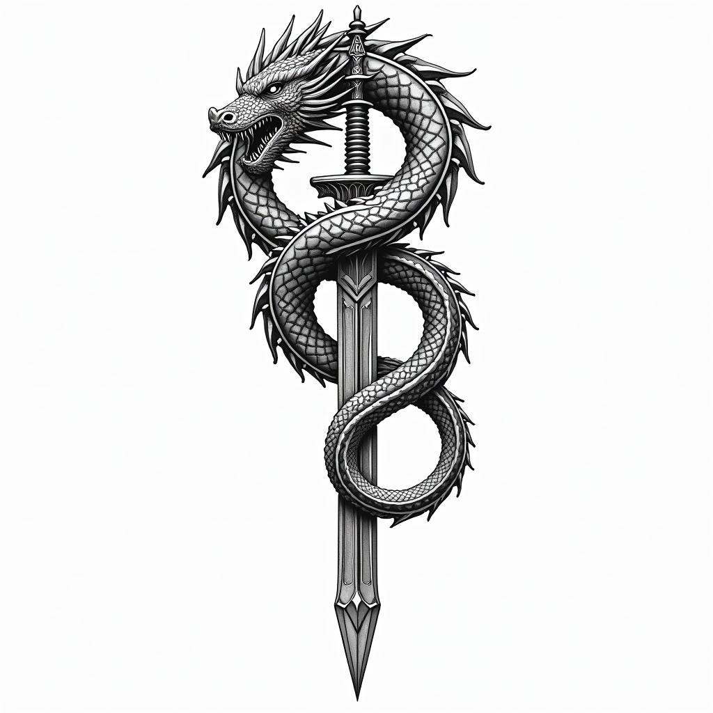 Majestic dragon coiled around a swordin dotwork style tattoo, complex mandala patterns, interlocking geometric shapes with sharp symmetry, clean lines, sharp angles