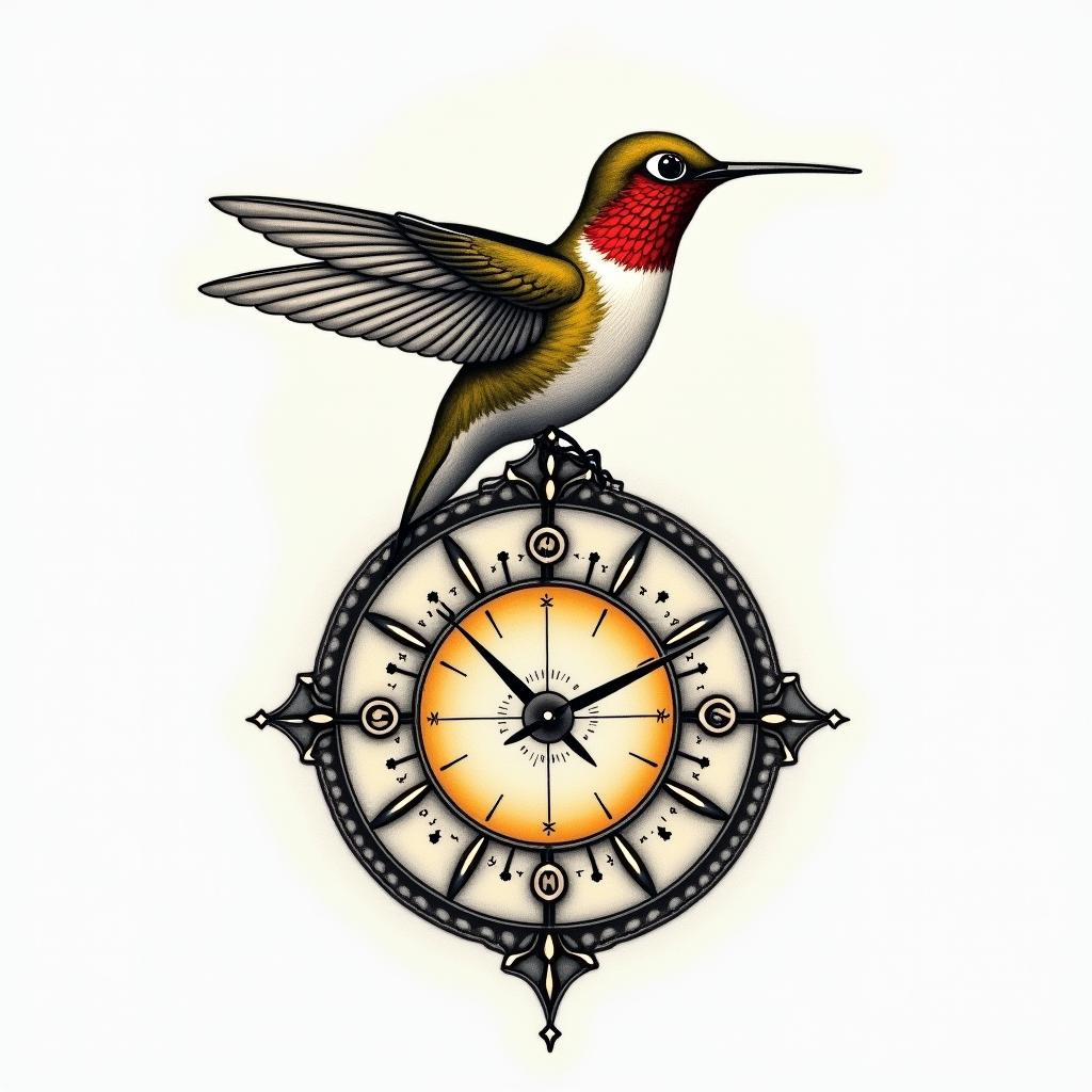 Hummingbird on top of a clock with the writing “Carpe Diem” in colour (mainly red and yellow)in spiritual symbols tattoo style, featuring an intricate design incorporating elements, Hamsa hand, third eye, minimalist composition - Variation 3