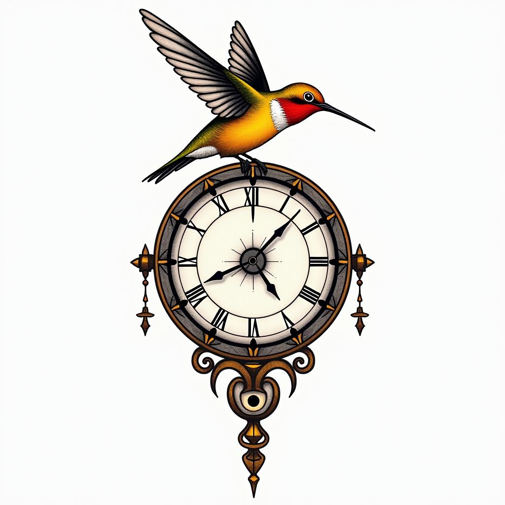 Hummingbird on top of a clock with the writing “Carpe Diem” in colour (mainly red and yellow)in spiritual symbols tattoo style, featuring an intricate design incorporating elements, Hamsa hand, third eye, minimalist composition - Variation 2
