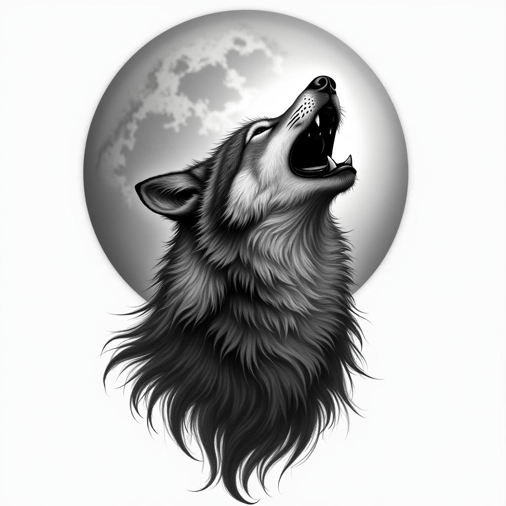Howling wolf under a full moonhigly detailed tattoo
