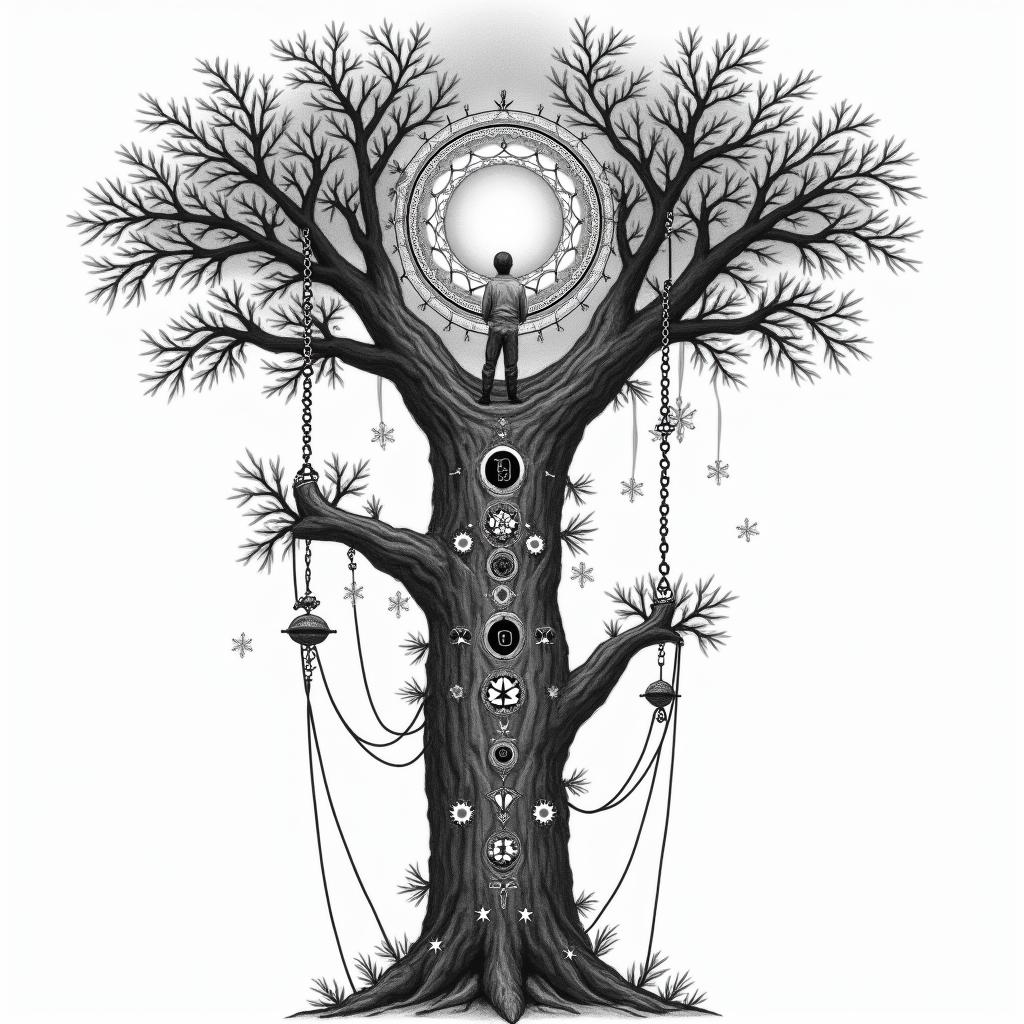 Hard working very experienced 
Tree climber rigging tree topsin prophecy tattoo style, featuring mystical symbols, celestial imagery like stars, moons, suns, geometric patterns, foretelling elements, an eye of wisdom - Variation 4