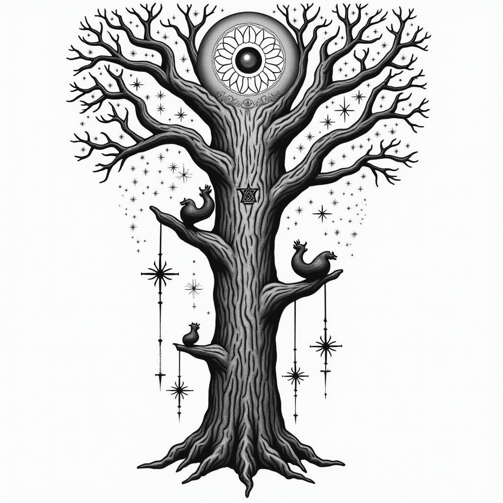 Hard working very experienced 
Tree climber rigging tree topsin prophecy tattoo style, featuring mystical symbols, celestial imagery like stars, moons, suns, geometric patterns, foretelling elements, an eye of wisdom