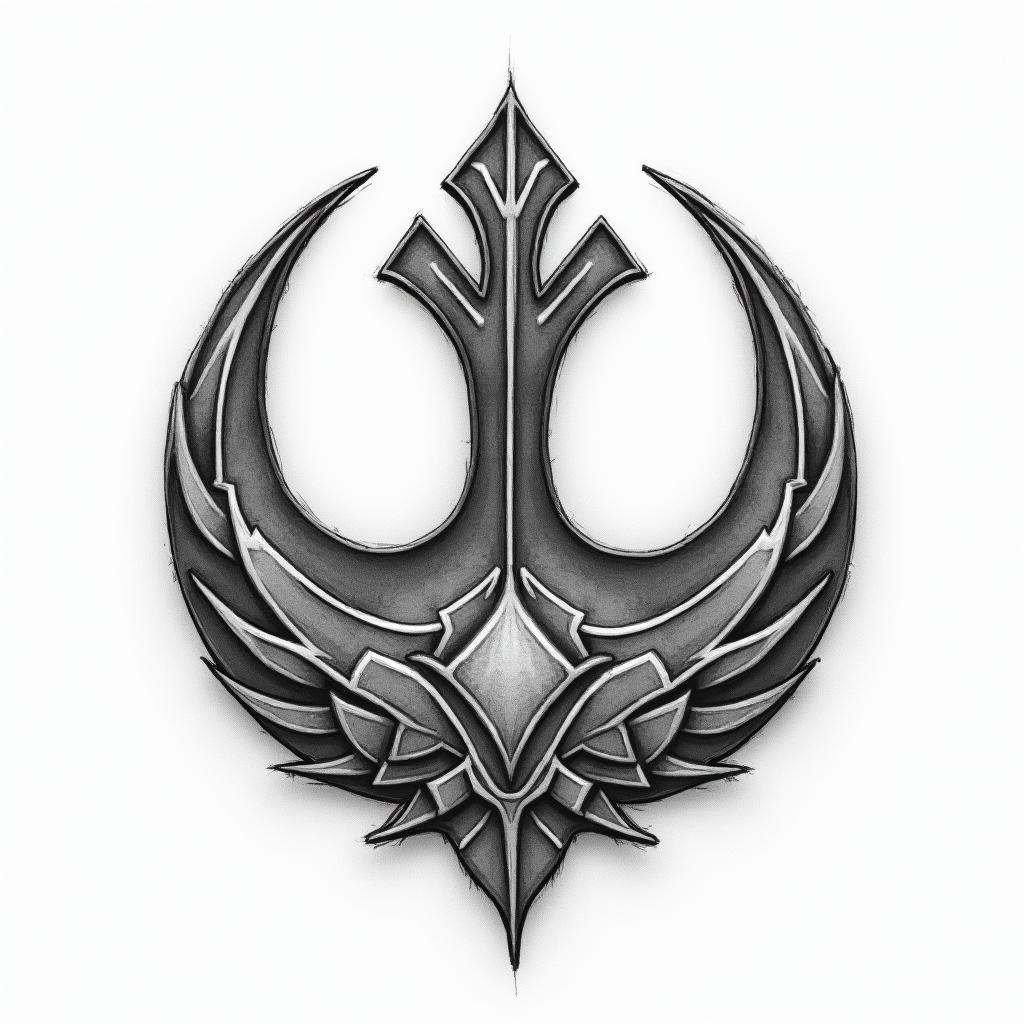 Rebel alliance symbol from star wars
3" approx
sketchy look to it
black and grey
include star wars imagery but not in a way that overwhelms the rebel alliance symbol
not generic - feel free to be unique
make it a little more feminine / beautiful 

in authentic tattoo style, incorporating traditional modifications, bold black outlines, solid color fills, featuring classic authentic elements - Variation 3