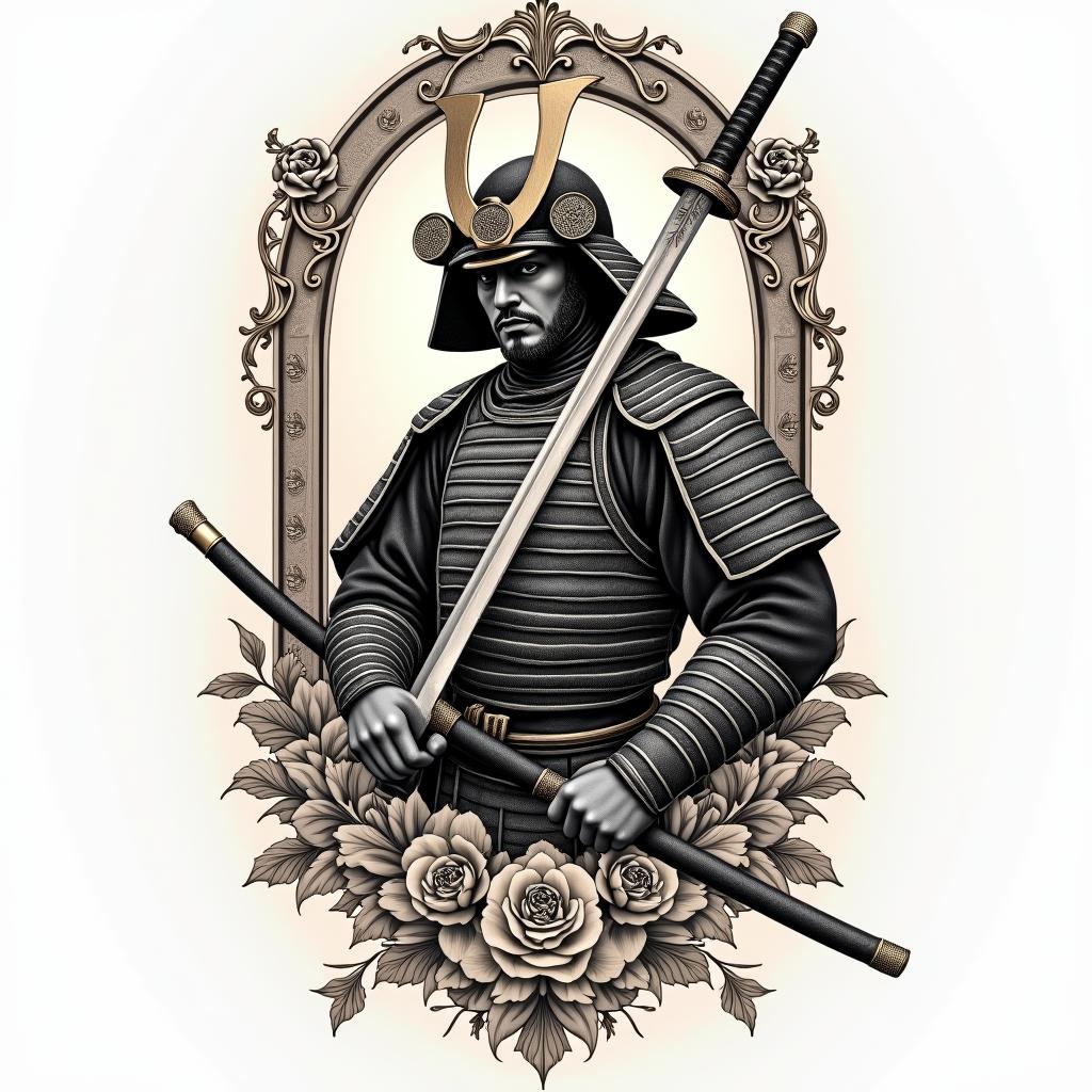 Samurai with a katanain victorian style tattoo, featuring vintage and elegant elements, ornate frames, roses, antique, sepia-toned color scheme
