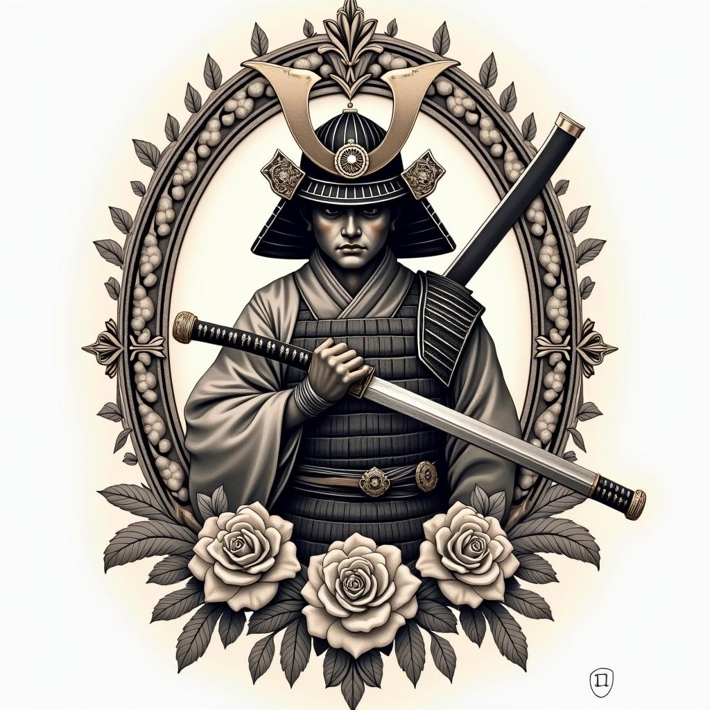 Samurai with a katanain victorian style tattoo, featuring vintage and elegant elements, ornate frames, roses, antique, sepia-toned color scheme - Variation 4