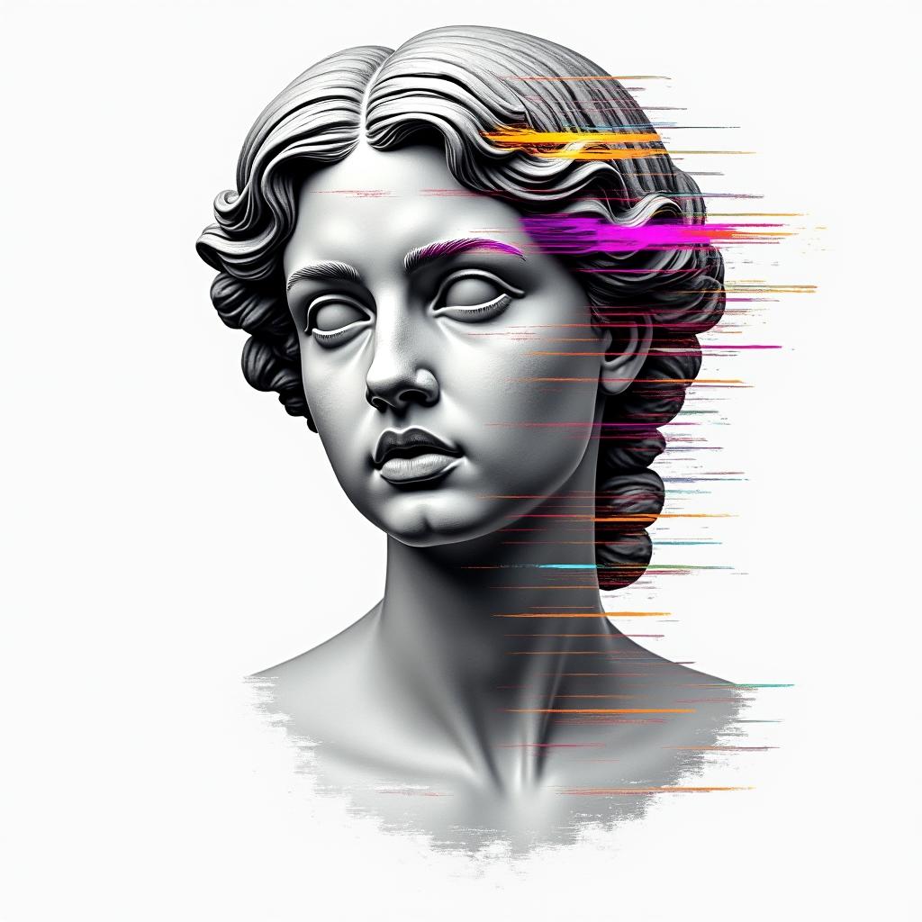 Girl face half deadin distorted and fragmented tattoo design, featuring a classical statue bust, in a glitch art style with vibrant, overlapping colors of cyan, magenta, and yellow, creating a digital distortion effect - Variation 4