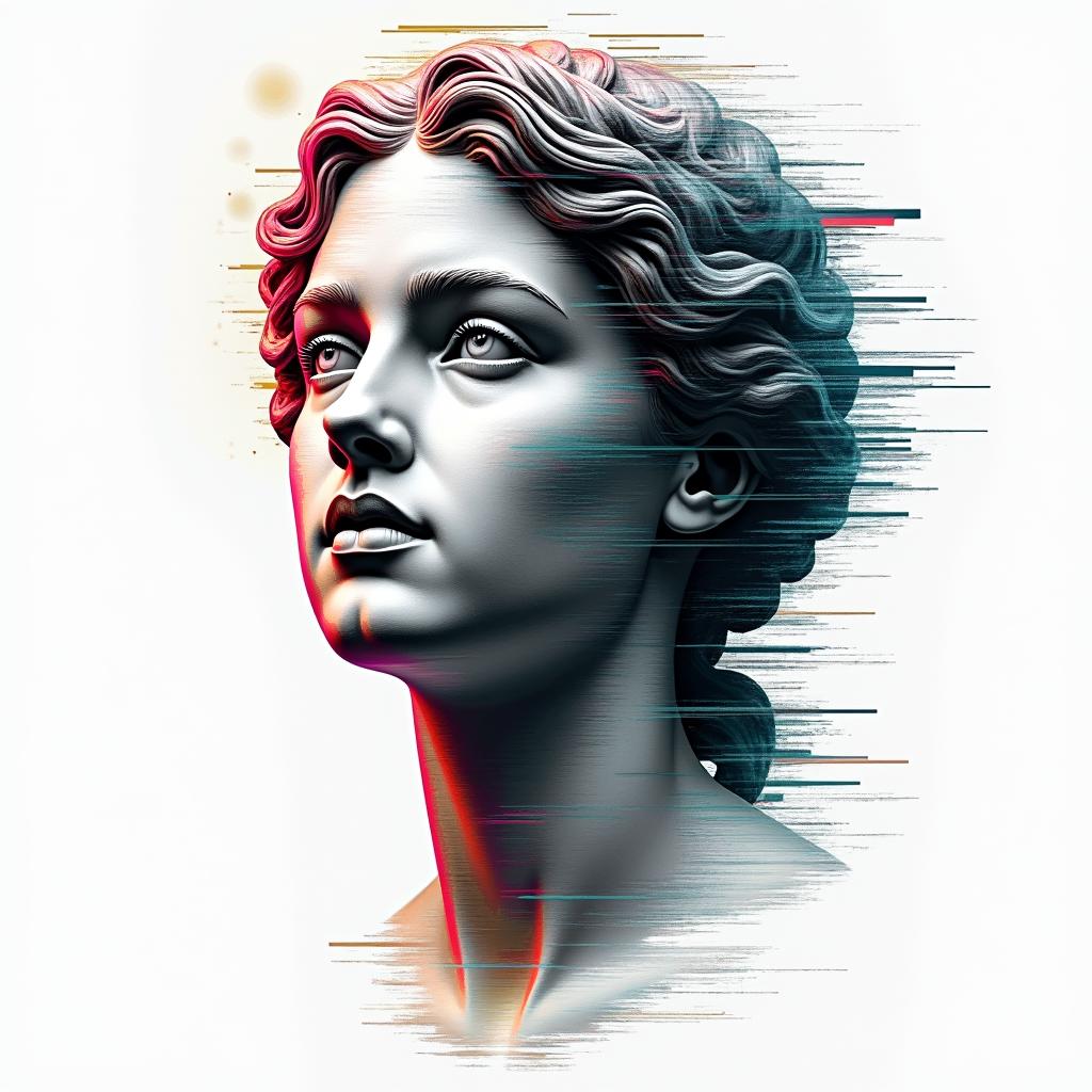 Girl face half deadin distorted and fragmented tattoo design, featuring a classical statue bust, in a glitch art style with vibrant, overlapping colors of cyan, magenta, and yellow, creating a digital distortion effect - Variation 2