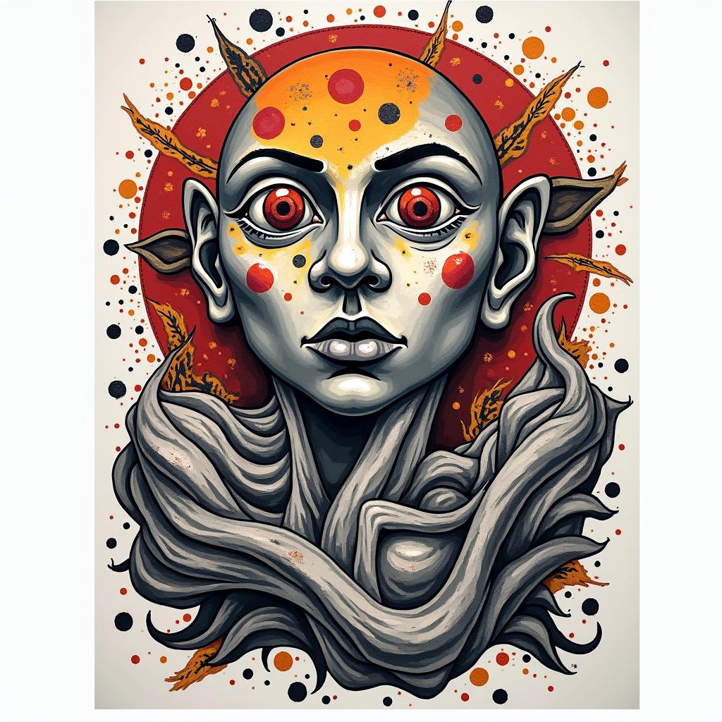 Guernica by Picassoin pop art style tattoo, featuring bold and vibrant colors, exaggerated outlines, iconic imagery, inspired by comic books and speech bubbles, comic book characters, retro pop culture