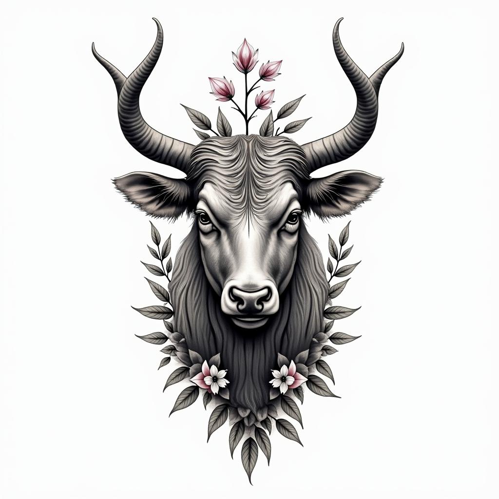 Taurus symbol not the bull. With color. Add some Lilly of the valley into the tattoo. Also the Taurus consolation.in bohemian style tattoo, 8k - Variation 1