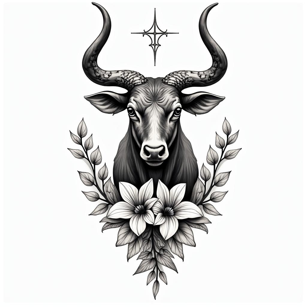 Taurus symbol not the bull. With color. Add some Lilly of the valley into the tattoo. Also the Taurus consolation.in bohemian style tattoo, 8k - Variation 3