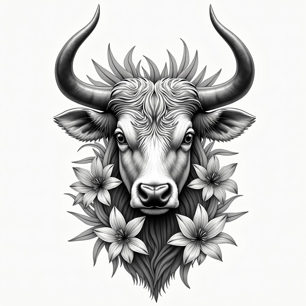 Taurus symbol not the bull. With color. Add some Lilly of the valley into the tattoo. Also the Taurus consolation.in bohemian style tattoo, 8k - Variation 2