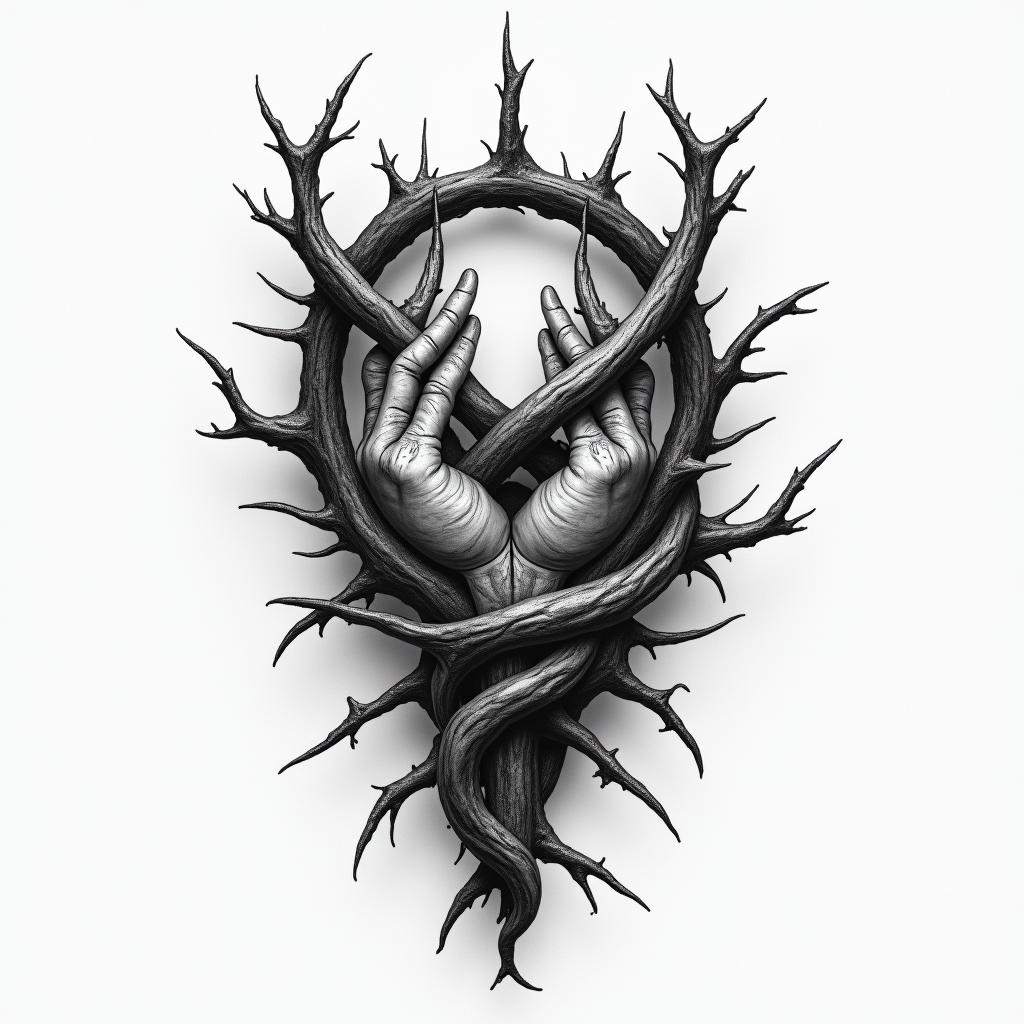 A realistic tattoo design featuring intertwined thorns and scars, symbolizing the painful journey of fighting gambling addiction. The image conveys the life-threatening nature of the struggle, with a focus on resilience and strength in recovery. Incorporate dark, deep colors to evoke intense emotions and highlight the contrast between pain and hope.higly detailed tattoo - Variation 3