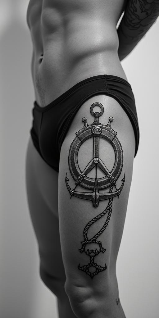 Anchor with nautical rope and compasshigly detailed tattoo - Variation 9