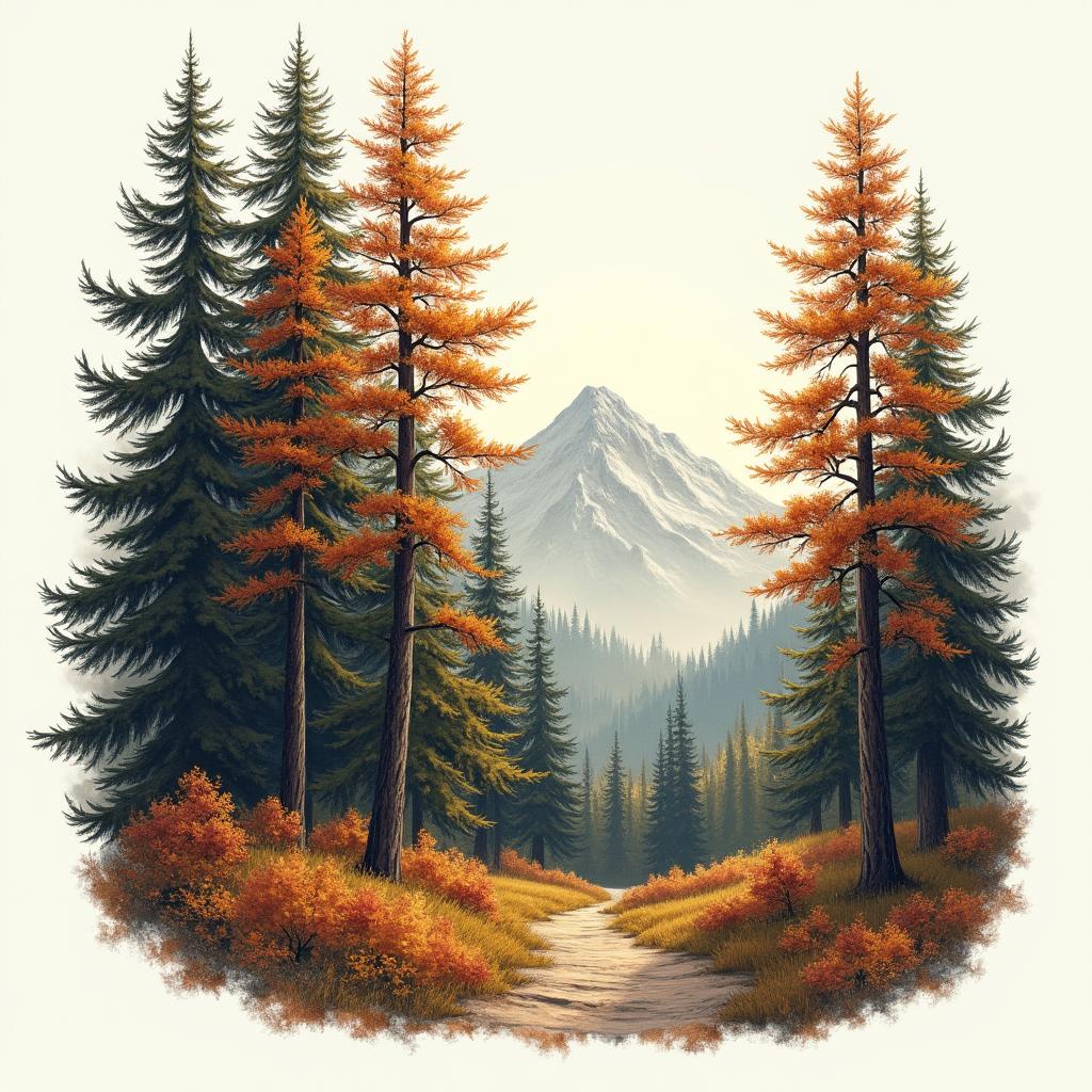 A nostalgic representation of the "Mountain of the Giants," featuring big spruce and maple trees in autumn colors. The artwork captures sunlight filtering through the leaves, evoking childhood memories of playing in the woods behind a house, with a whimsical touch that enhances the adventurous spirit of the scene.higly detailed tattoo - Variation 4