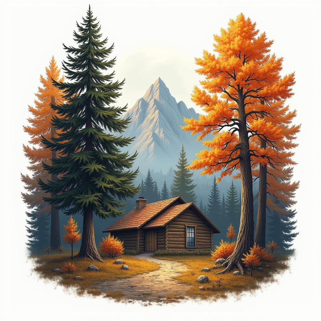 A nostalgic representation of the "Mountain of the Giants," featuring big spruce and maple trees in autumn colors. The artwork captures sunlight filtering through the leaves, evoking childhood memories of playing in the woods behind a house, with a whimsical touch that enhances the adventurous spirit of the scene.higly detailed tattoo - Variation 3