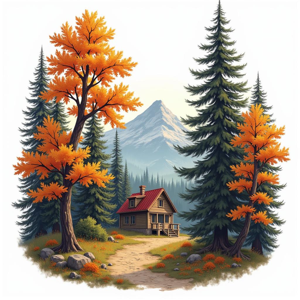 A nostalgic representation of the "Mountain of the Giants," featuring big spruce and maple trees in autumn colors. The artwork captures sunlight filtering through the leaves, evoking childhood memories of playing in the woods behind a house, with a whimsical touch that enhances the adventurous spirit of the scene.higly detailed tattoo - Variation 2