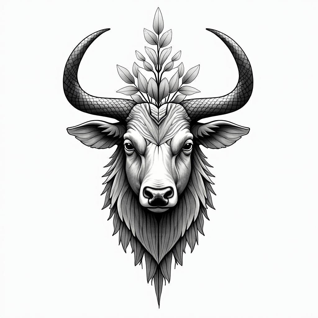 Taurus symbol not the bull. With color. Add some Lilly of the valley into the tattoo. Also the Taurus consolation. in geometric style tattoo, blending hexagons, mandala-inspired patterns, symmetrical and fractal design, clean lines, sharp angles - Variation 3