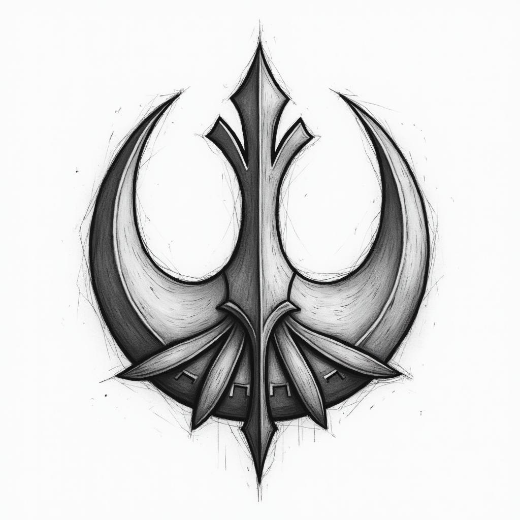 Rebel alliance symbol from star wars
3" approx
sketchy look to it
black and grey
include star wars imagery but not in a way that overwhelms the rebel alliance symbol
not generic - feel free to be unique
make it a little more feminine / beautiful 

take that first one and let's work on it 
look at the notes above
in authentic tattoo style, incorporating traditional modifications, bold black outlines, solid color fills, featuring classic authentic elements - Variation 3