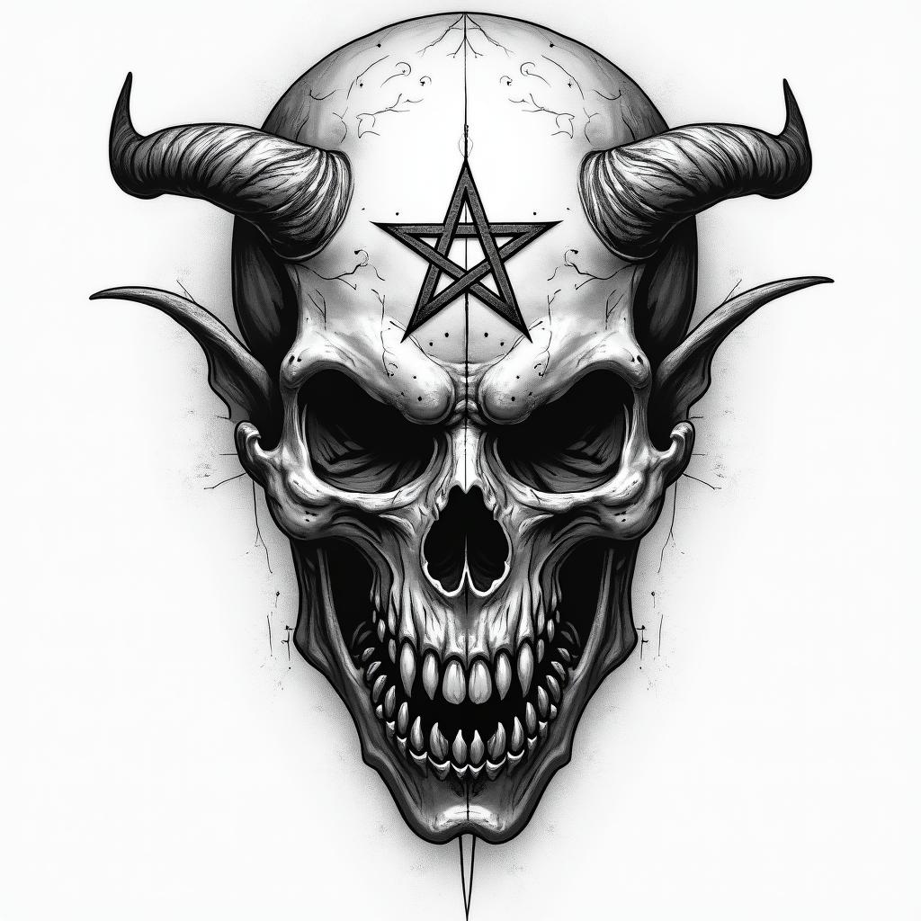 Thanatos and Asclepiuscreepy horror tattoo style, featuring an eerie and unsettling skull of a demonic creature, distorted face with sharp fangs, add pentagram symbol - Variation 4