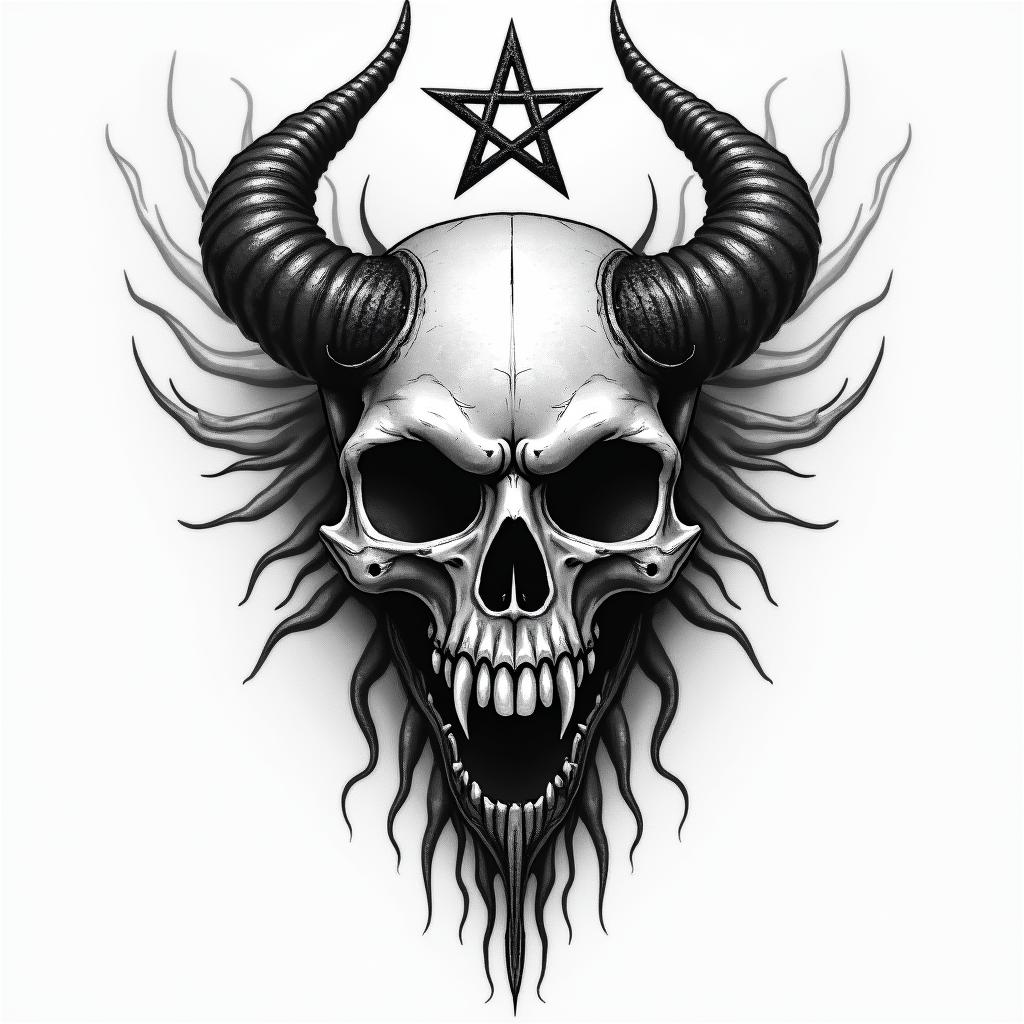 Thanatos and Asclepiuscreepy horror tattoo style, featuring an eerie and unsettling skull of a demonic creature, distorted face with sharp fangs, add pentagram symbol - Variation 3