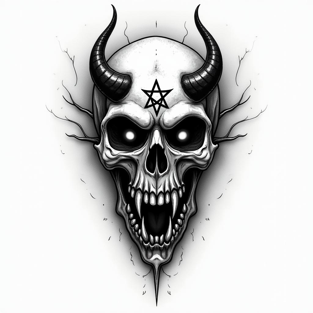 Thanatos and Asclepiuscreepy horror tattoo style, featuring an eerie and unsettling skull of a demonic creature, distorted face with sharp fangs, add pentagram symbol - Variation 2