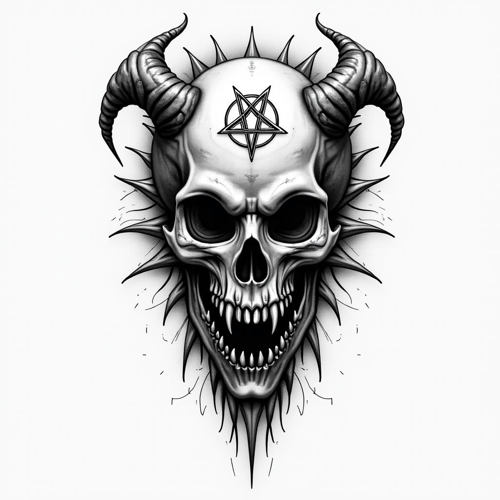 Thanatos and Asclepiuscreepy horror tattoo style, featuring an eerie and unsettling skull of a demonic creature, distorted face with sharp fangs, add pentagram symbol