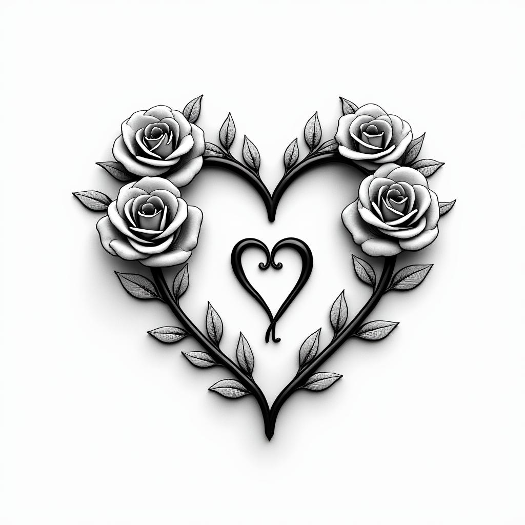 Flávia da Fonseca Vilela, Aries, seeking to reconnect and be happy.in elegant cursive calligraphy style 2d tattoo, decorate with roses, featuring a smooth and flowing handwritten script with slightly thickened strokes for a luxurious and bold appearance, heart symbol between names, sleek and glossy black text with shadowing, minimalist matte white background, clean and sharp edges, illuminated with soft lighting, romantic, 8k, high-quality textures with refined typography - Variation 4