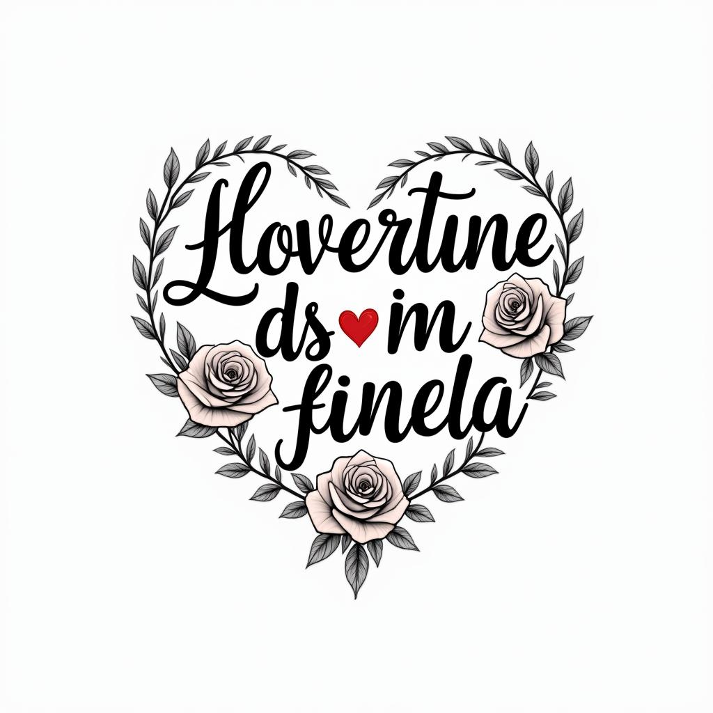 Flávia da Fonseca Vilela, Aries, seeking to reconnect and be happy.in elegant cursive calligraphy style 2d tattoo, decorate with roses, featuring a smooth and flowing handwritten script with slightly thickened strokes for a luxurious and bold appearance, heart symbol between names, sleek and glossy black text with shadowing, minimalist matte white background, clean and sharp edges, illuminated with soft lighting, romantic, 8k, high-quality textures with refined typography - Variation 3