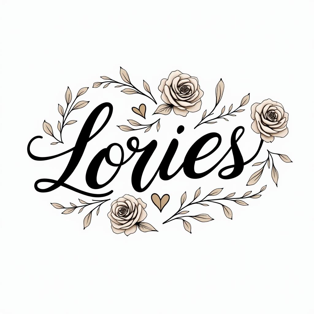 Flávia da Fonseca Vilela, Aries, seeking to reconnect and be happy.in elegant cursive calligraphy style 2d tattoo, decorate with roses, featuring a smooth and flowing handwritten script with slightly thickened strokes for a luxurious and bold appearance, heart symbol between names, sleek and glossy black text with shadowing, minimalist matte white background, clean and sharp edges, illuminated with soft lighting, romantic, 8k, high-quality textures with refined typography - Variation 2