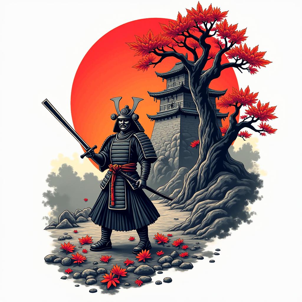 Samurai and a castle with dead men on the ground and a beautiful poison tree with red leafsin pop art style tattoo, featuring bold and vibrant colors, exaggerated outlines, iconic imagery, inspired by comic books and speech bubbles, comic book characters, retro pop culture