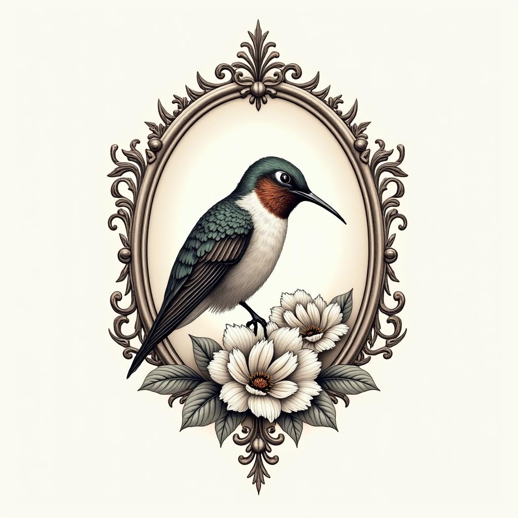 Hummingbird, a mother's lovein victorian style tattoo, featuring vintage and elegant elements, ornate frames, roses, antique, sepia-toned color scheme