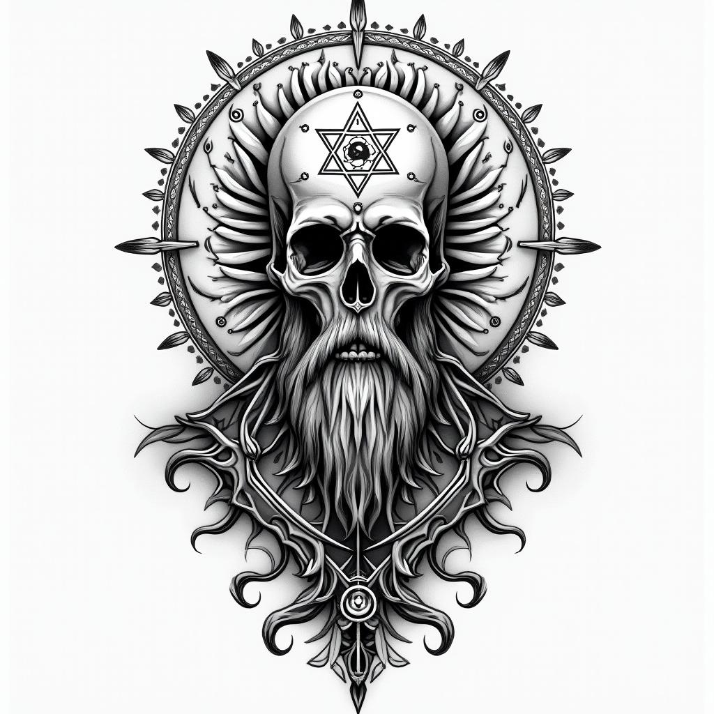 Deceased brotherin paganic style tattoo, featuring ancient symbols, add vegvisir symbol, mystical figures, incorporating designs, pentagrams, runes, crescent moons, - Variation 3