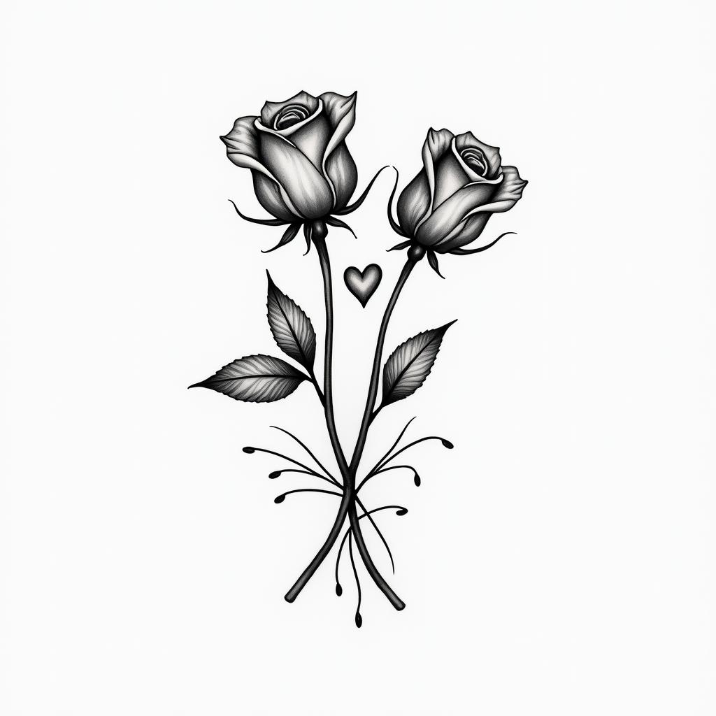 Rosesin Modest style tattoo, featuring soft, delicate line work with simple and meaningful symbols, gentle waves, a heart, evoking a sense of serenity and grace,