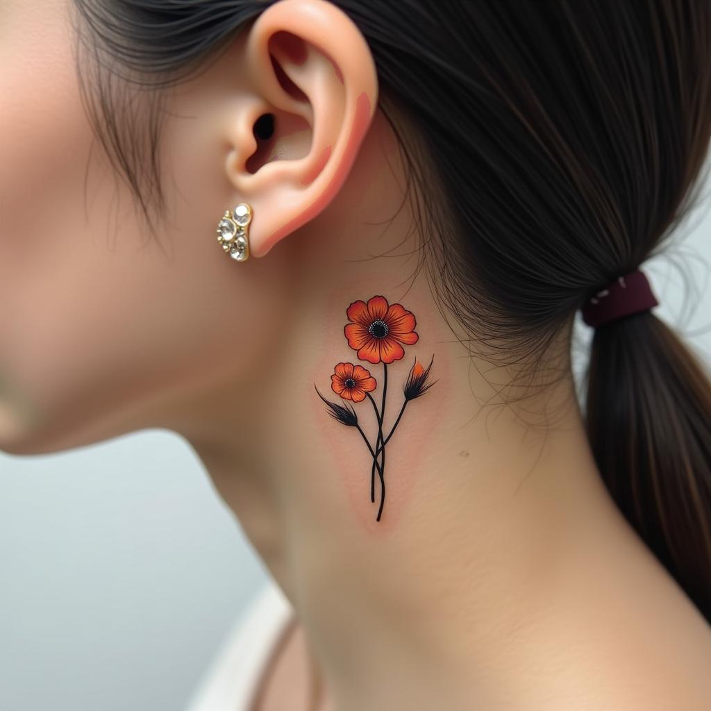 A tiny golden poppy tattoo placed behind the ear, featuring 3 poppies in different stages of blooming, elegantly designed for a delicate look.undefined